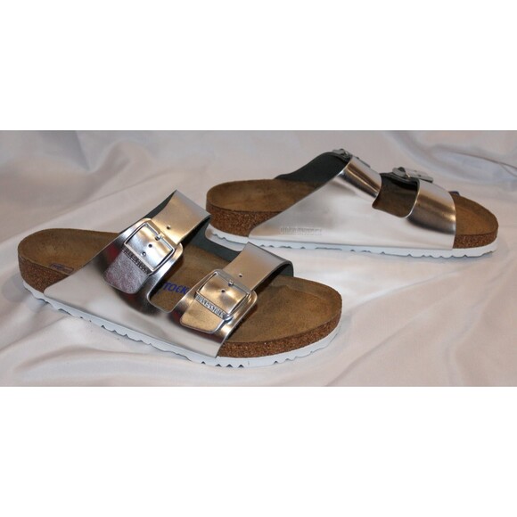 Birkenstock Women's Arizona Buckle Narrow Fit Birko Flor Sandals SILVER - Picture 5 of 7